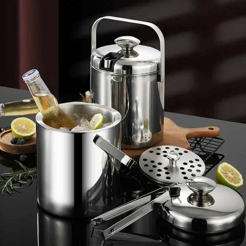 Enduring Effect Heat Preservation Ice Bucket Stainless Steel Ices Bucket with Tong Lid Bar Chilling Beer Cooler Champagne Bucket