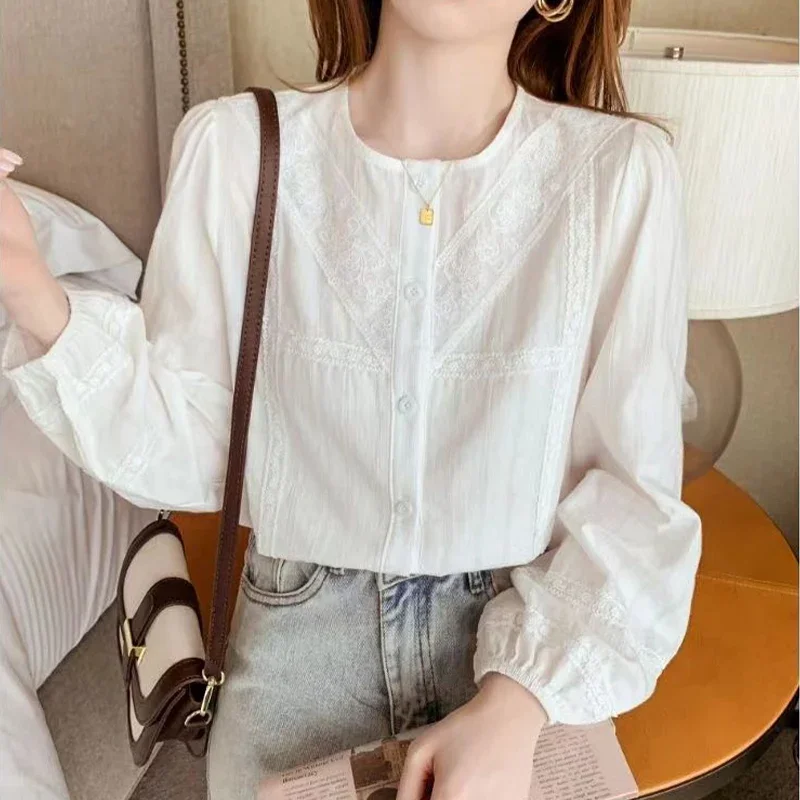 High End Long Sleeved Round Neck Jacquard Shirt for Women\'s Spring Autumn New French Style Temperament Elegant Loose Trendy Top