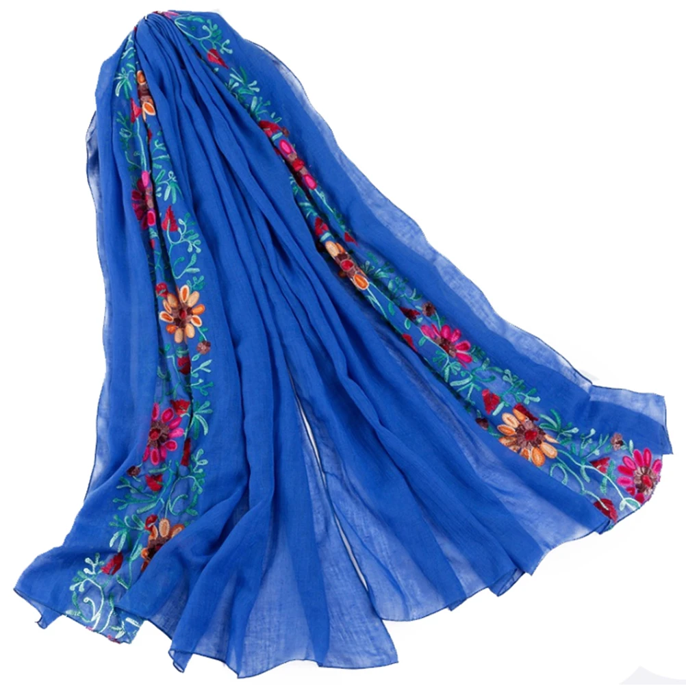 

Cotton Linen Scarf Royal Blue Embroidered Shawl Women Flowers Unique Design Floral Pattern Multi-function Scarf Headcloth Shawl