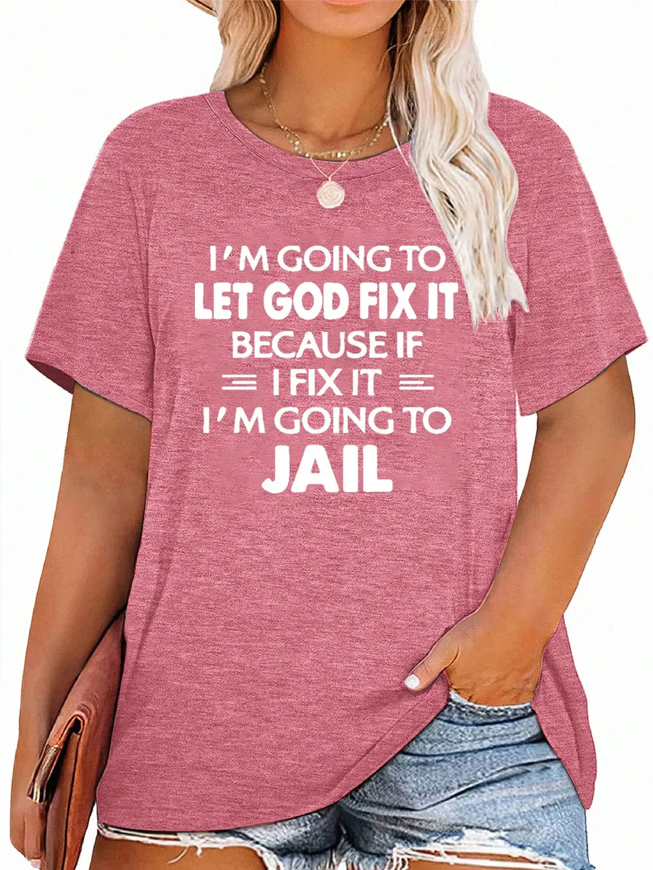 Casual loose plus size women's style - round neck slogan printed solid color short sleeved T-shirt top suitable for daily travel view 3