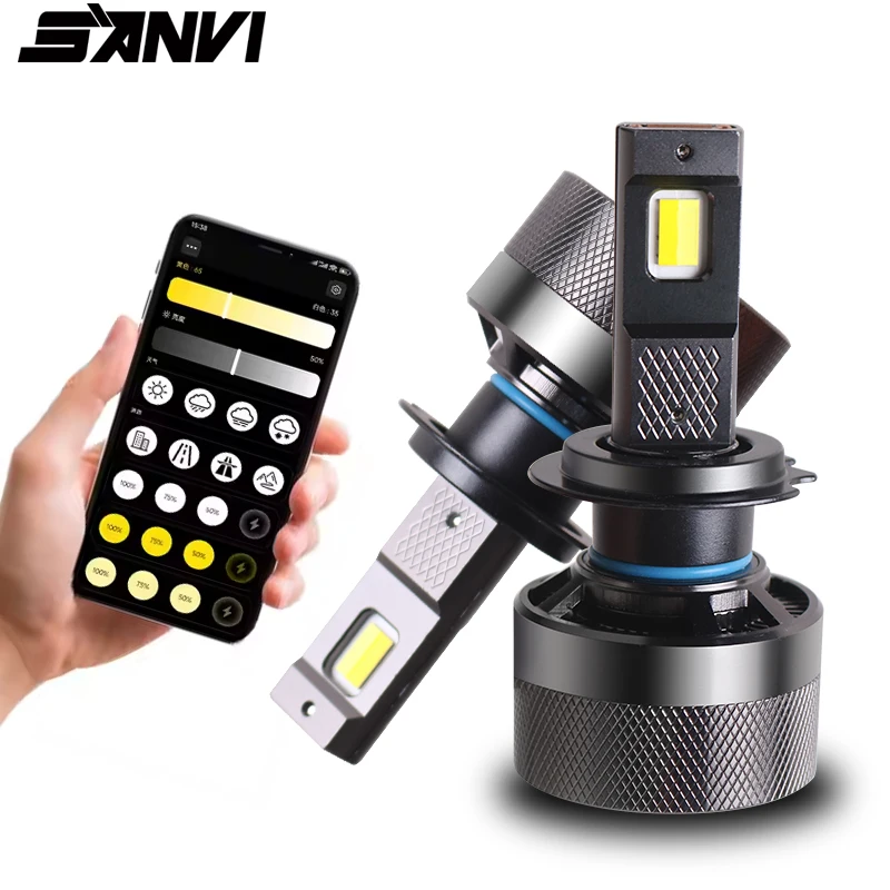 

SANVI 2PC APP Control SMART LED Headlight Bulb H1 H4 H7 9005 9006 Auto LED Lamp Color Temperature Control 6000K 3000K Fog light