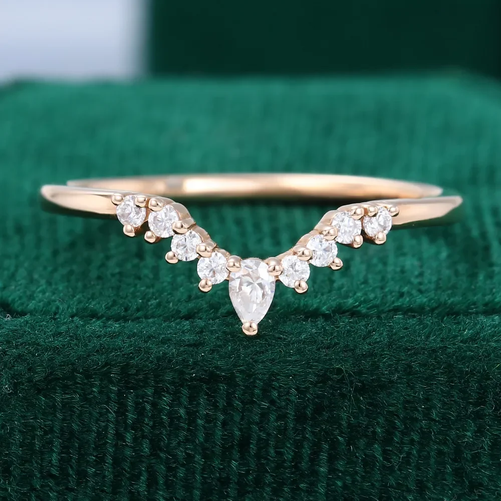 

Pear Shape 0.15CT Main Stone Moissanite Diamond Matching Curved Wedding 14K Rose Gold Matching Anniversary Dainty Band for Women