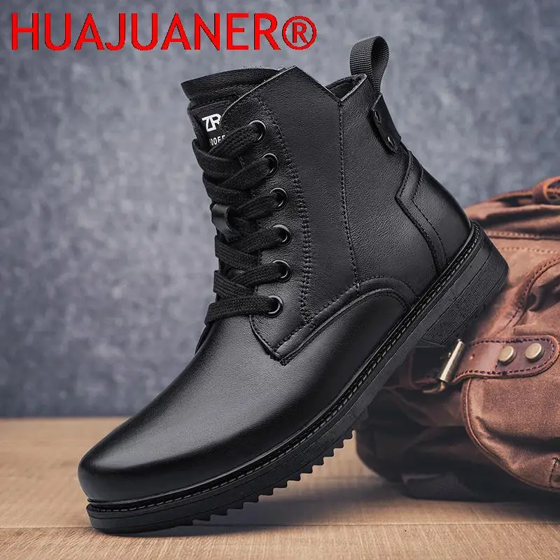 Luxury Brand Mens Genuine Leather Boots High Top Fashion Winter Warm Male Snow Shoes Personality Motorcycle Ankle Boots Black