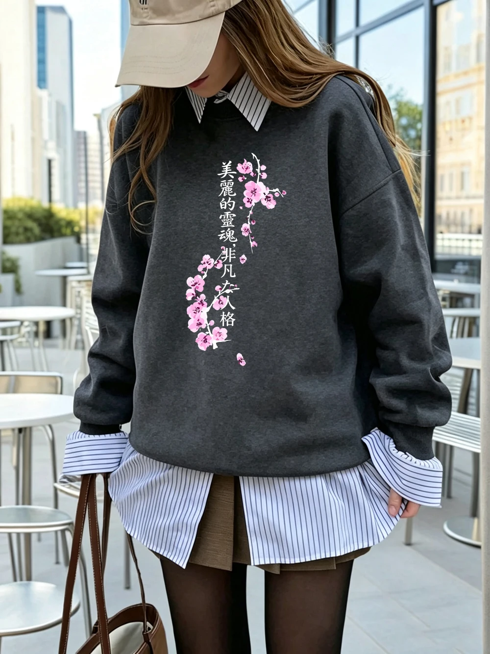 Beautiful Soul Sakura Branches Prints Sweatshirt Damen locker sitzende sportliche Hoodies Fleece warme Pullover mit Rundhalsausschnitt Winterkleidung für Damen – Detail 20