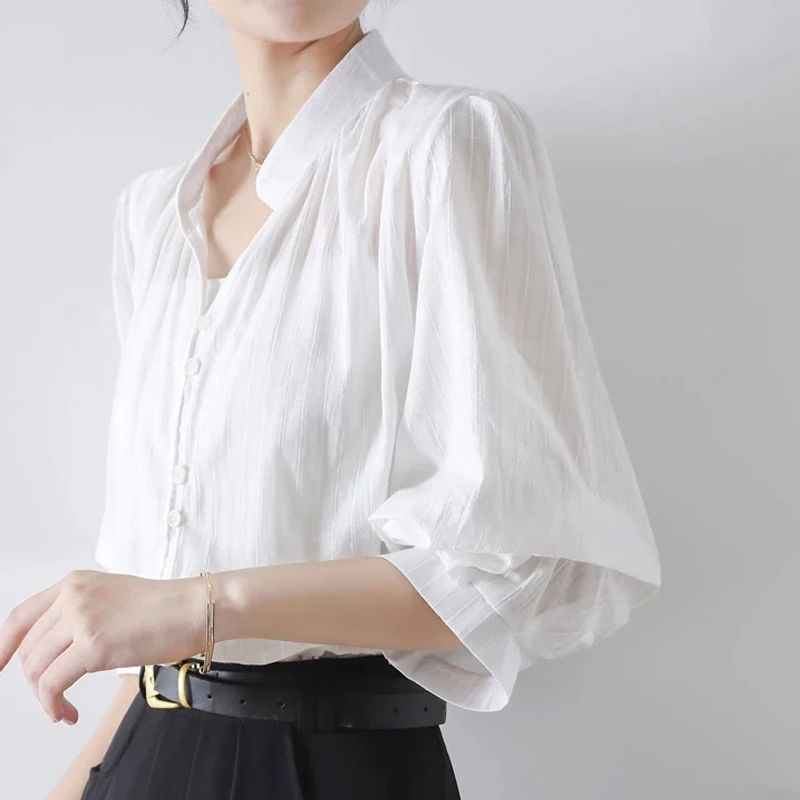 

QOERLIN Vintage White Half Sleeve Shirts Women Summer Loose Casual Stand Collar V-Neck Elegant Lantern Sleeve Tops Blouse Female