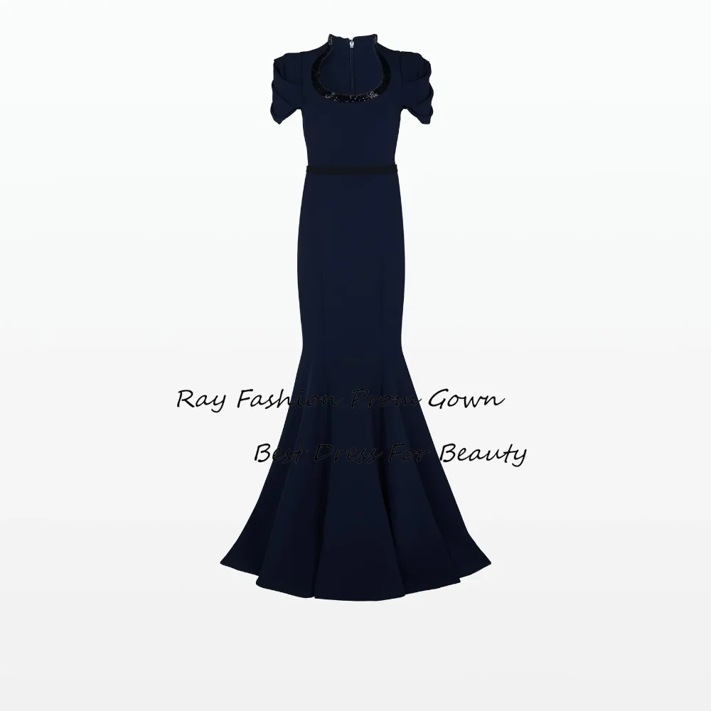 Ray Fashion Mermaid Evening Dress Unique High Neck Short Sleeves With Beading Ruffle For Formal Occasion Gown فساتين سهرة