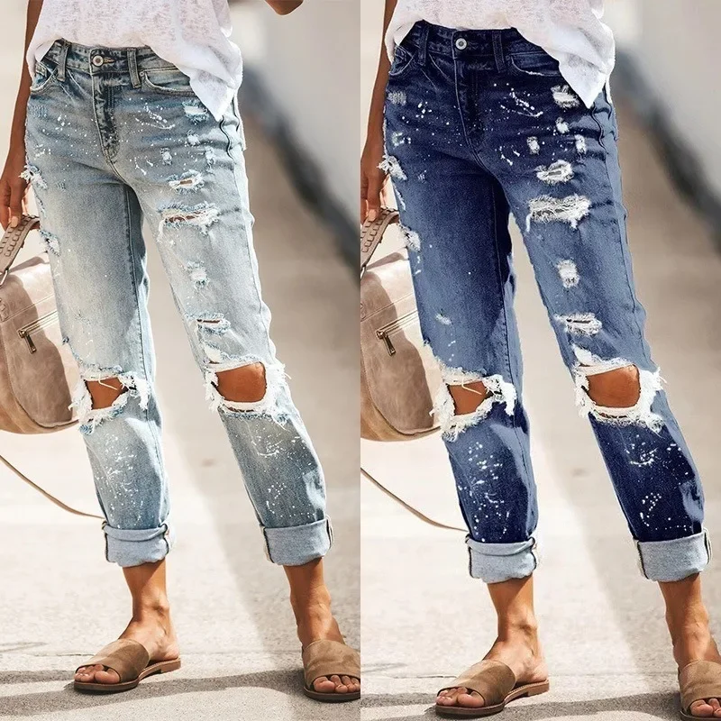 Large Size Women's Jeans Blue Casual Street Hipster Ripped Straight Print Denim Trousers Women