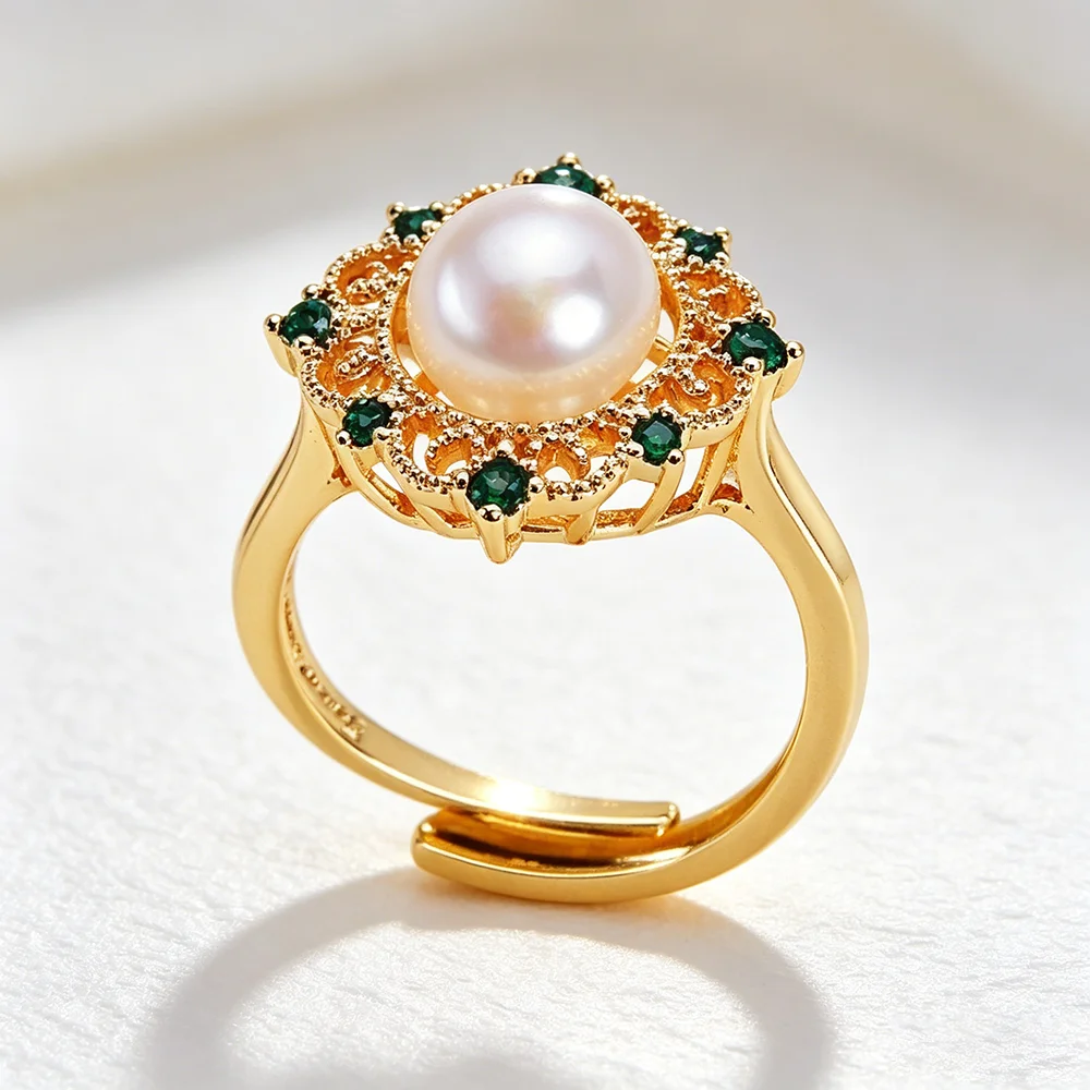 VOBIPY 8 mm Perlen-Zirkonia-Schmuckset für Frauen, natürliche Süßwasserperlen-Halskette, Ohrringe, Ring-Sets, Hochzeit, Party, modisches Geschenk – Detail 3