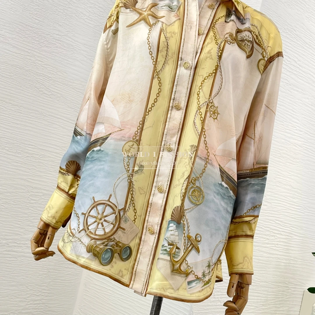 

Yellow Starfish Sailboat Position Print Long Sleeve Blouse Tops and Shorts Set Silk