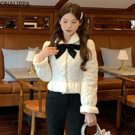 Onalippa Contrast Bow Winter Coat Women Chic Design Sweet Quilted Coats Korean Fashion Sweet Peter Pan Collar Ruffles Jackets