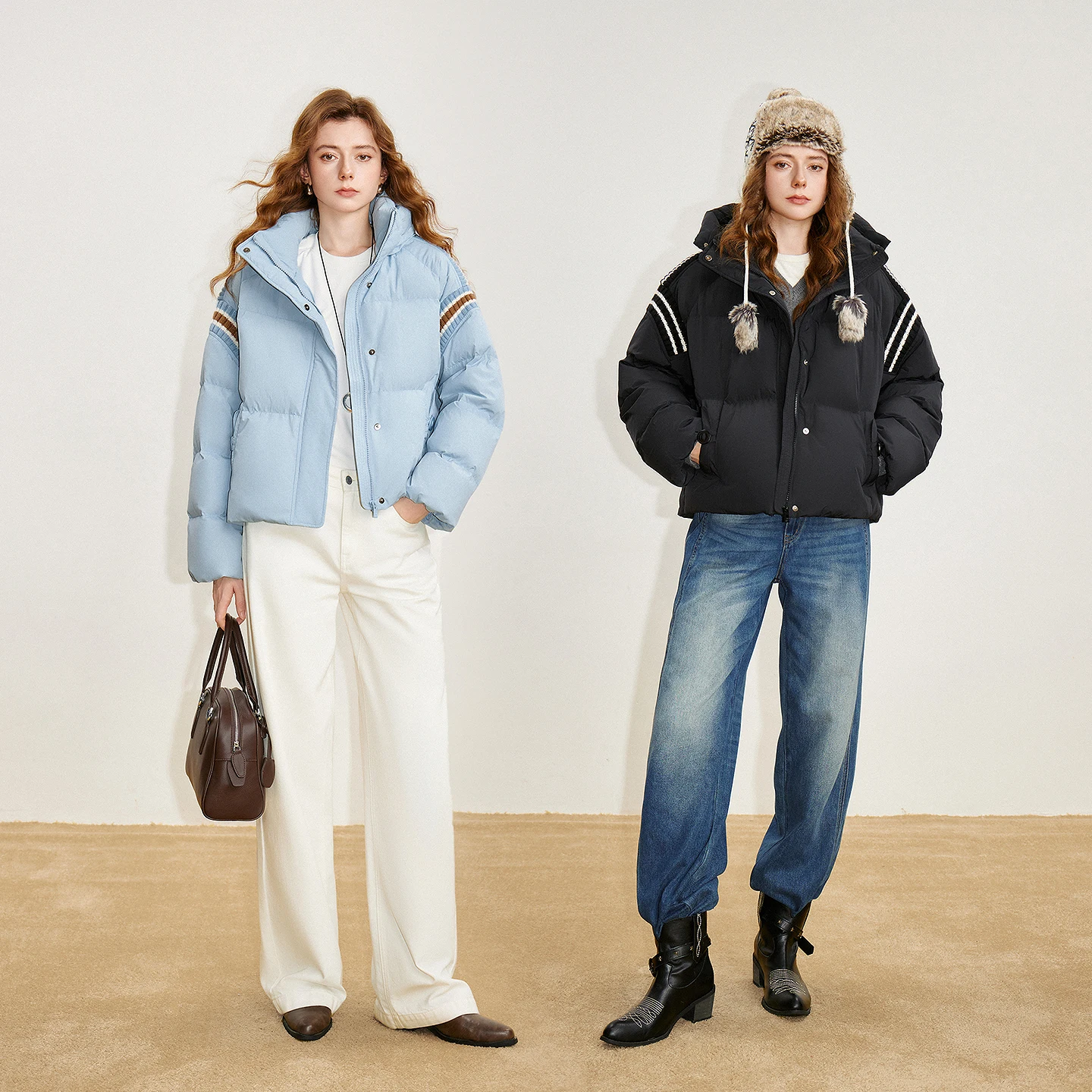 TOYOUTH Women 90% White Duck Down Jacket 2025 Winter New Stand up Collar Hooded Contrasting Knitted Patchwork Thicking Warm Shor