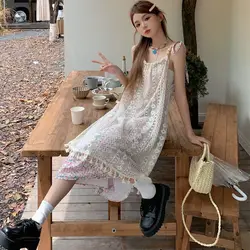 Mori Girl Style Vintage Sweet Floral Lace Splicing Halter Dress Summer Seaside Loose estetica Women abiti di media lunghezza Vestidos