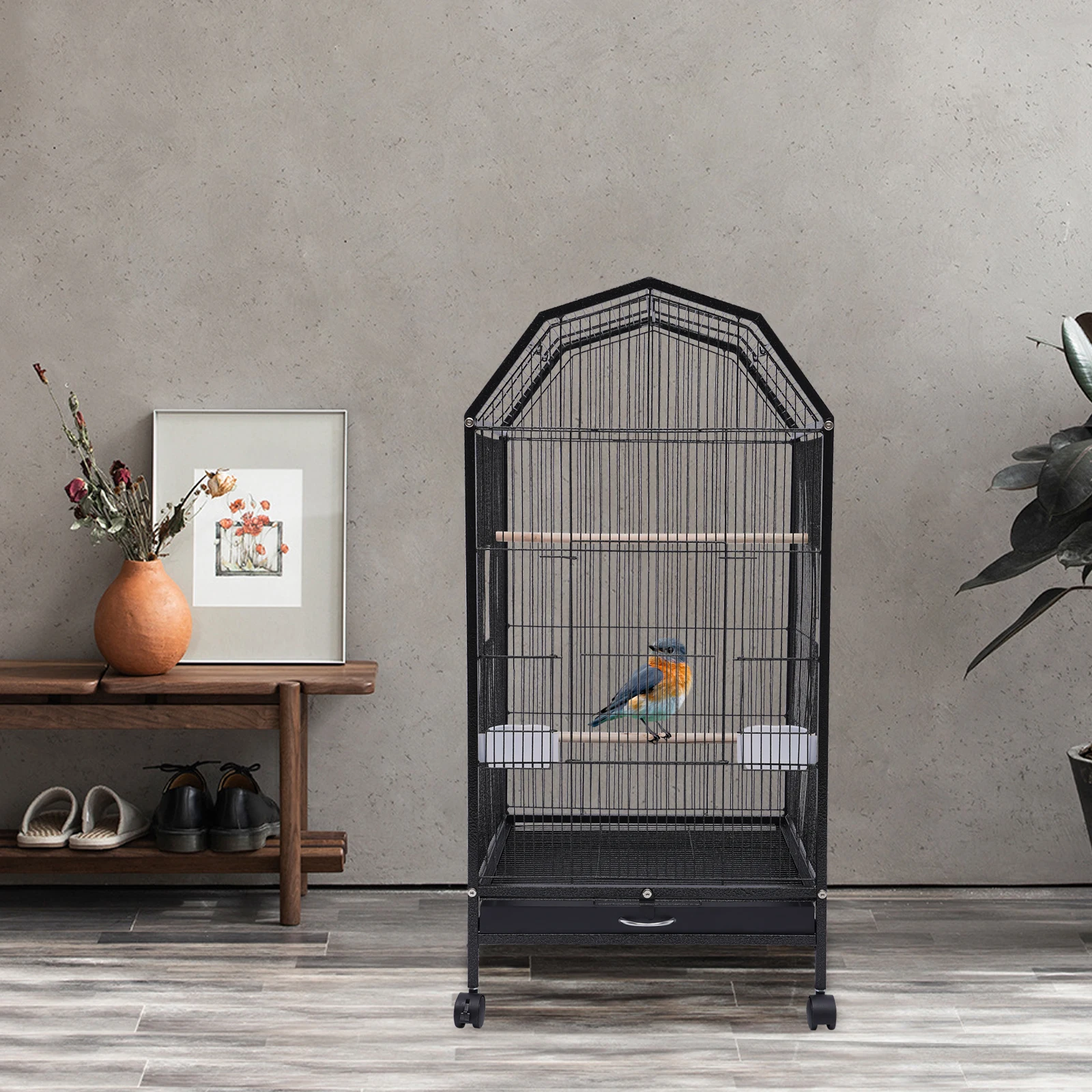 

Large 18"x18"x40" Bird Cage with Stand&Wheels 360° View Skylight Top for Parakeet Finch Canary Cockatiel Black Iron Pet House