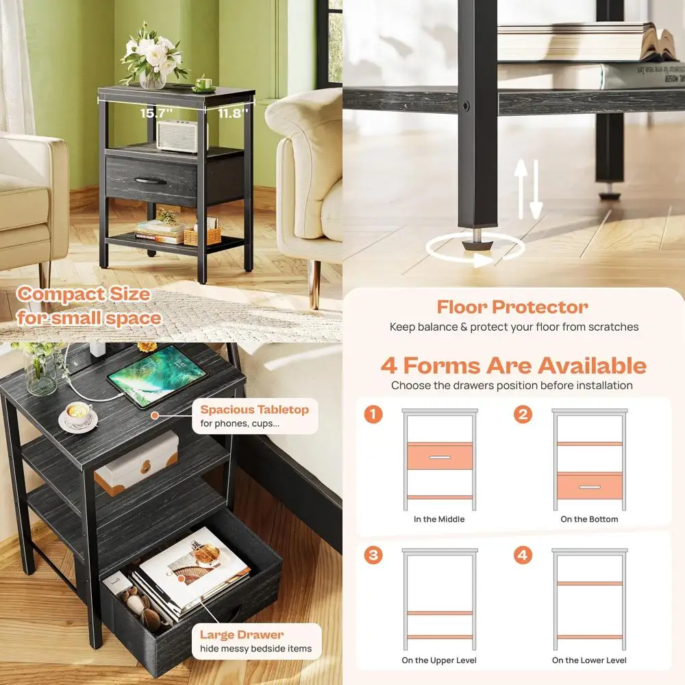 

Charging Station Nightstand, Adjustable Fabric Drawer Bedside Table, 3-Tier Storage End Table for Living Room, Charcoal Black Wo