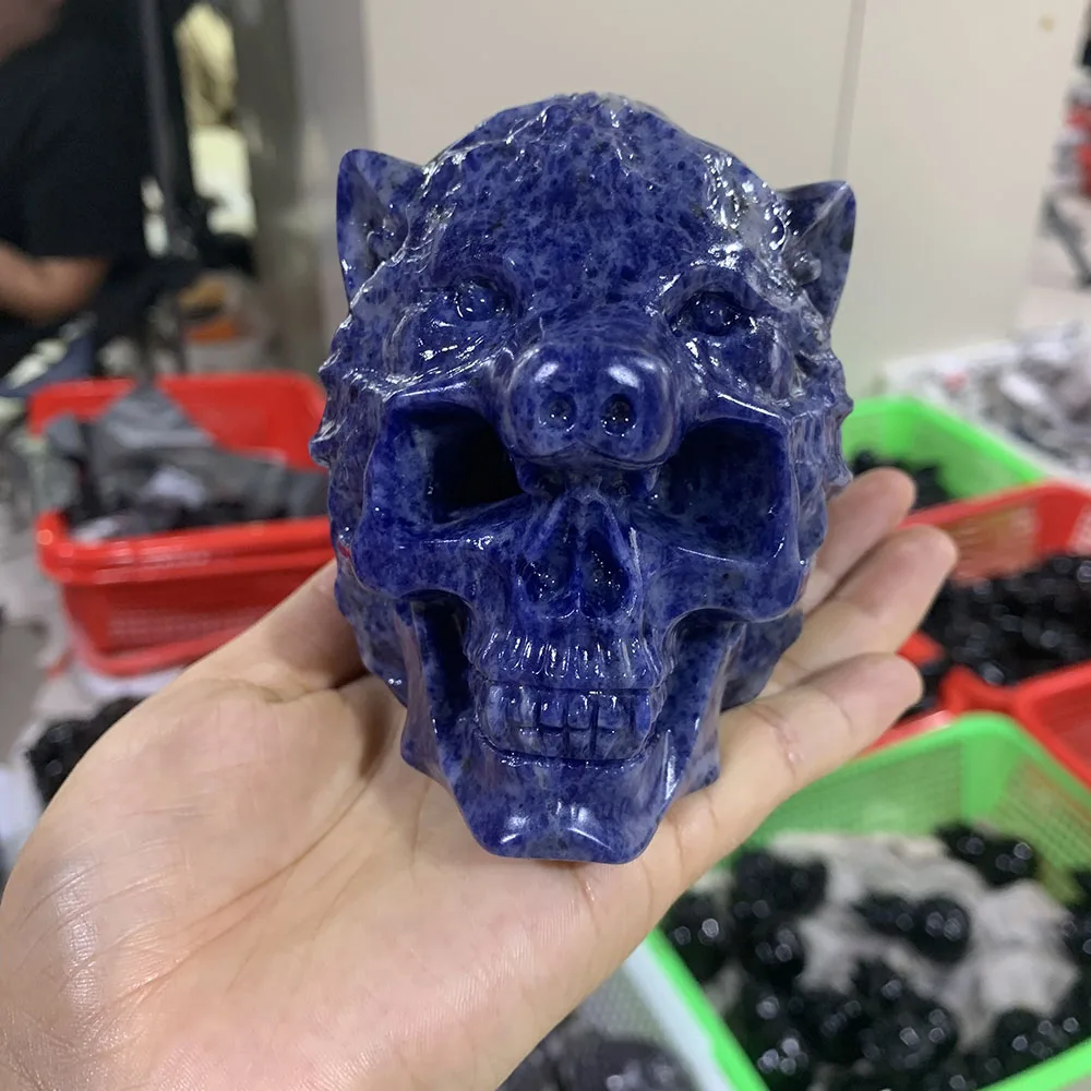 Custom Sodalite 10cm Wolf Skull Figurine - Hand-Carved Crystal Statue for Home Decor, Reiki Healing Stone & Unique Gift