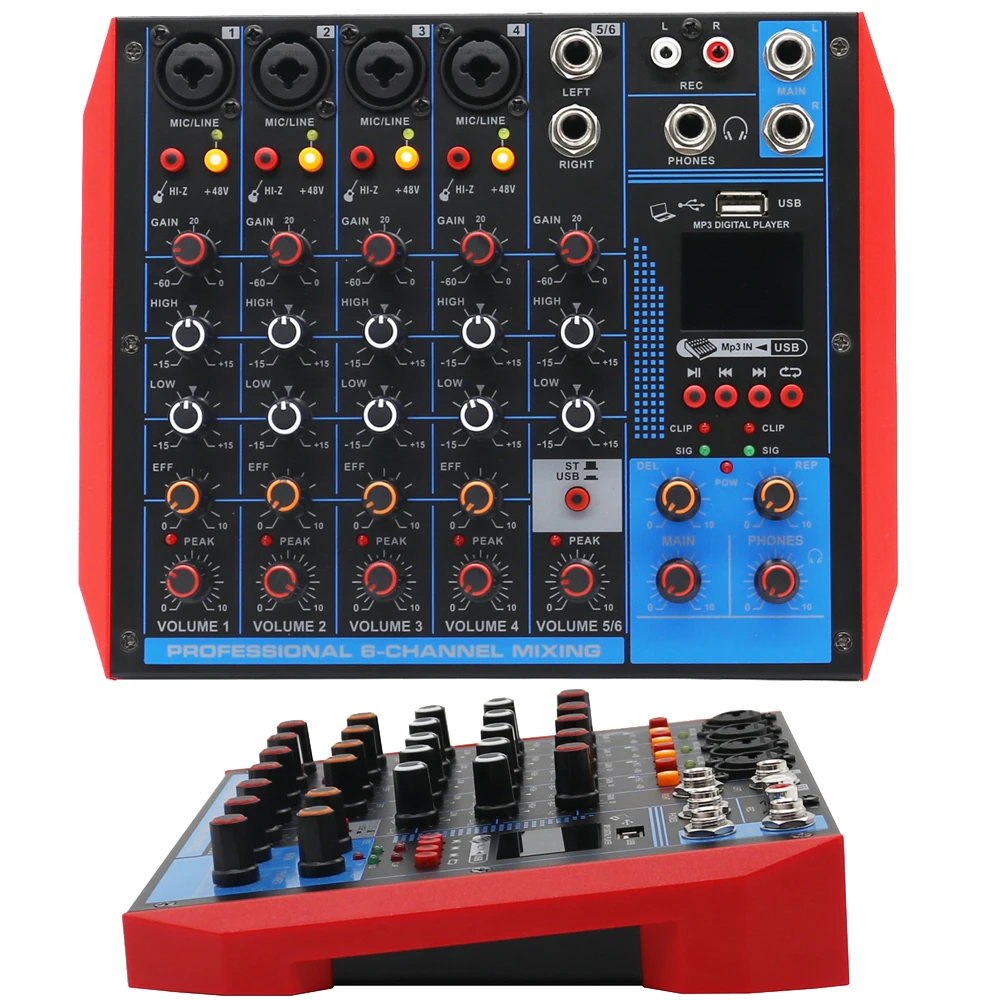 

High Quality 6 Channel Bluetooth Audio Mixer 4-Way Musich Phones AUX Mixing Console Stage XLR 48V USB For Stage Computer