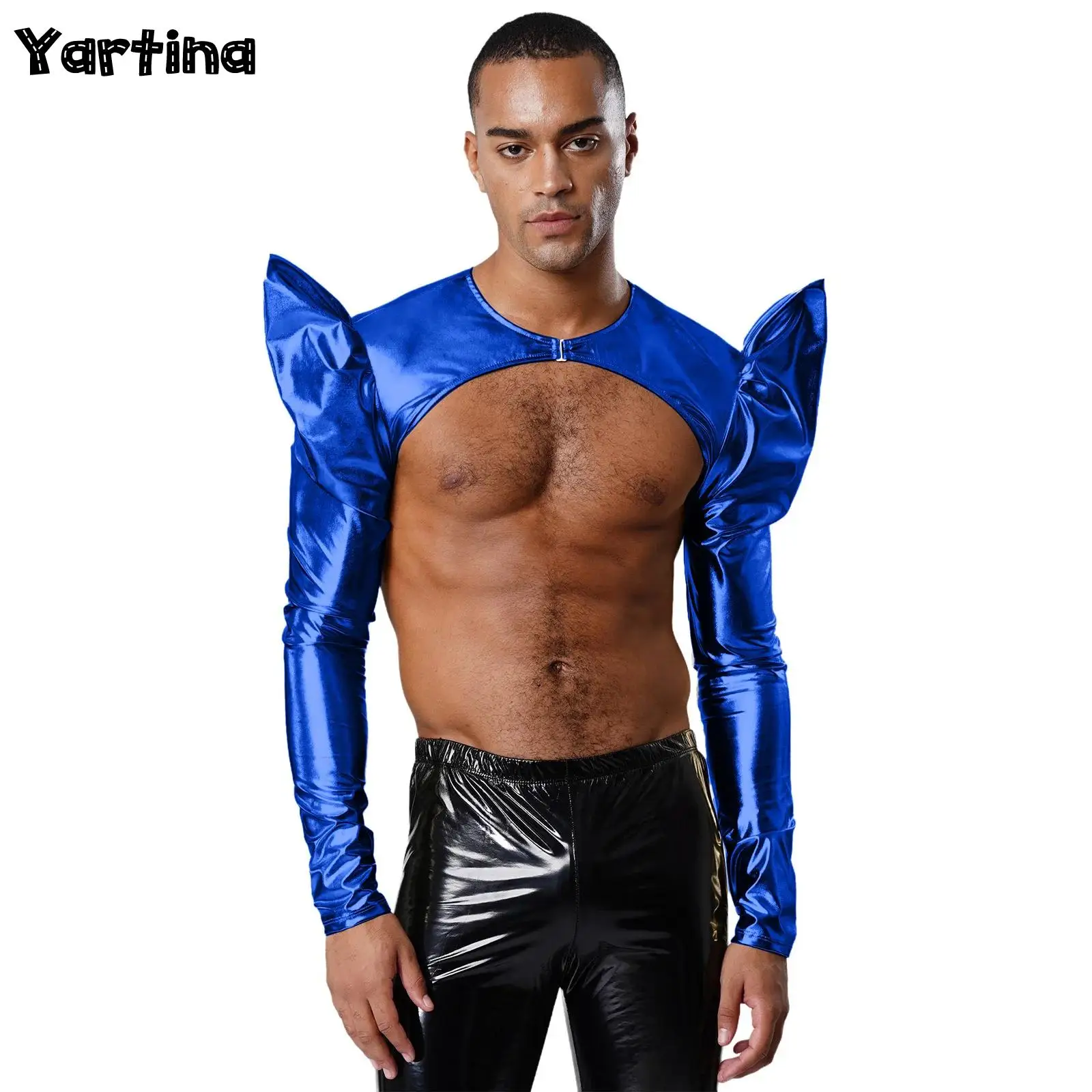 

Мужская укороченная блузка с длинными рукавами и подъемными плечами, металлические блестящие укороченные топы с круглым вырезом, чехол на плечо, многослойная клубная одежда, костюм для вечеринки