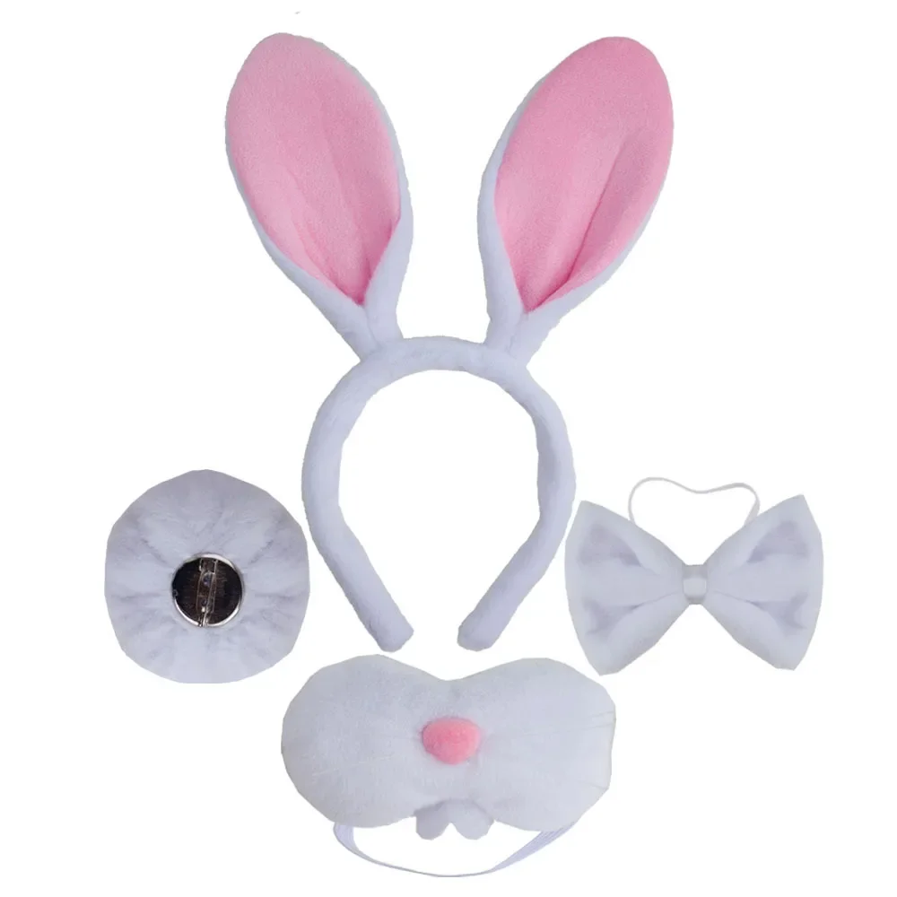 Adults Kids White Plush Easter Bunny Costume Rabbit Ears Headband Nose Bowtie Tail Set Cosplay Dress Up Accessories