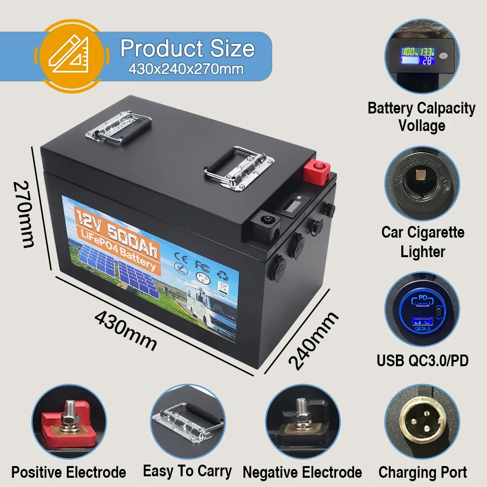 New 12V 500AH LiFePo4 Battery Built-in BMS Lithium Iron Phosphate Cells 6000+ Cycles For RV Campers Golf Cart Solar With Charger