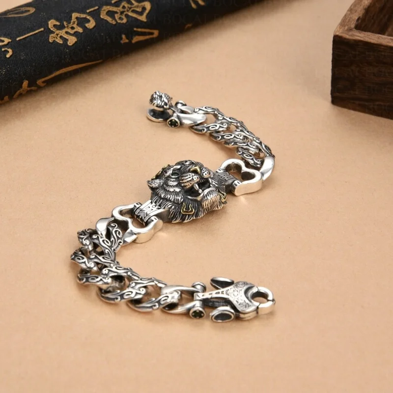 BOCAI S925 Sterling Silver Bracelets for Men Emboss Tiger Heads Eternal Rattan Cuban Link Chain New Punk  Jewelry Free Shipping