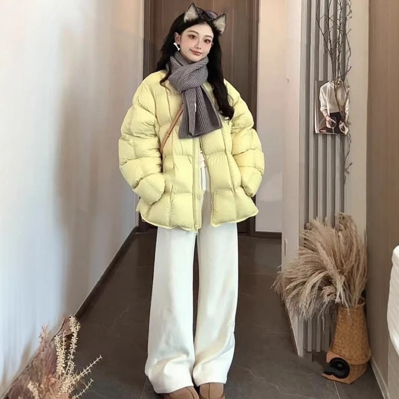 

Korean Quilted Gingham Puffer Coat, Women's Loose Round Neck Thick Winter Jacket