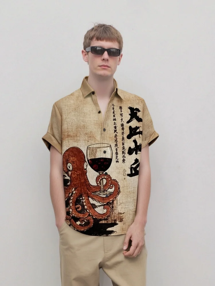 

Men's Octopus Holding A Goblet Art Print Casual Shirt Special Texture Fabric Short Sleeve Lapel Collar Summer 2025 New Tops Male