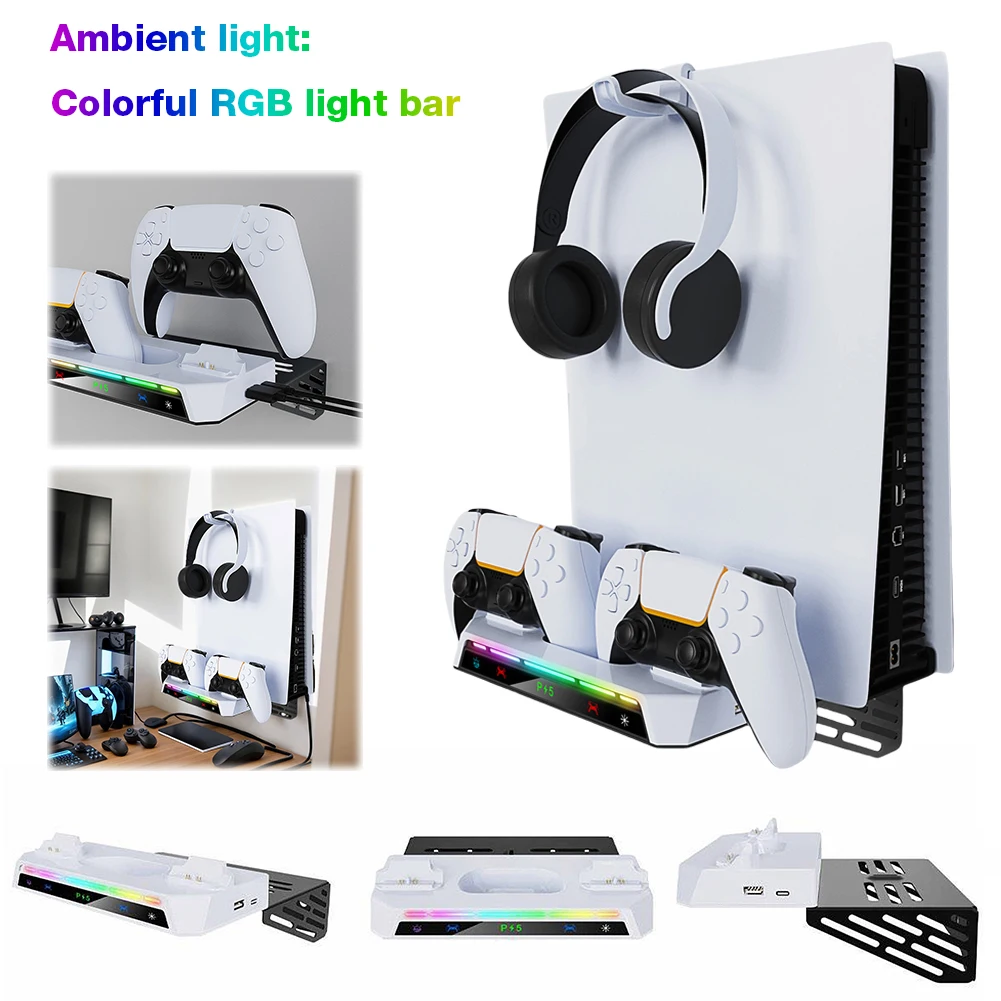 Wall Mount Kit with Charging Station RGB Light Wall Bracket W/ Headset Holder Wall Stand for PS5/PS5 Slim Disc & Digital Console