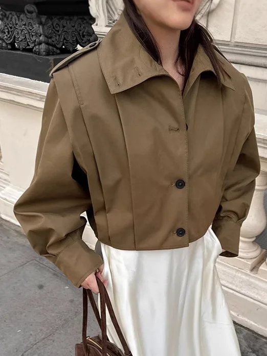 سترات نسائية بنية ملابس خارجية كبيرة الحجم بأزرار مطوية وأكمام طويلة معاطف خريفية جديدة سترات على الطراز الكوري