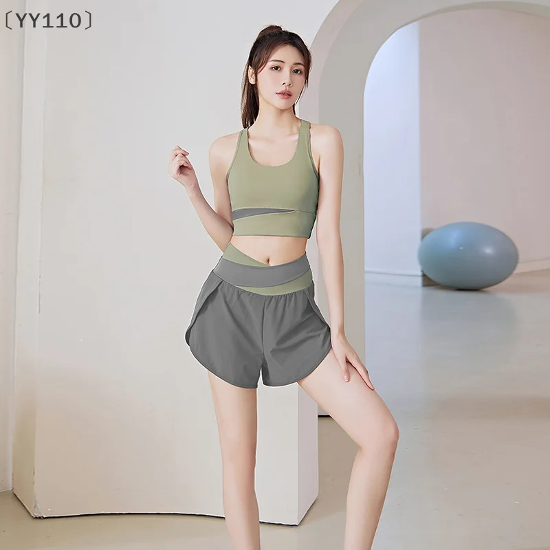 

〔YY110〕Colorblocked Women's Running Fitness Breathable Quick-drying Side Pockets Anti-exposure Fake Two-piece Yoga Sports Shorts