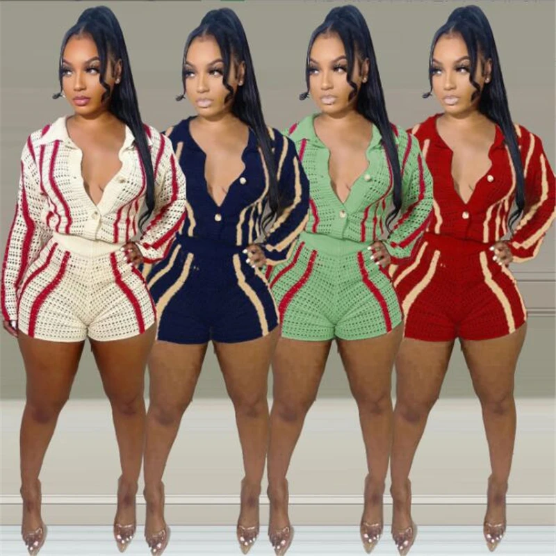 

Fashion knitwear hook flower breathable women's long sleeve + pants suit Lapel slim cardigan button stripe sweater two-piece set