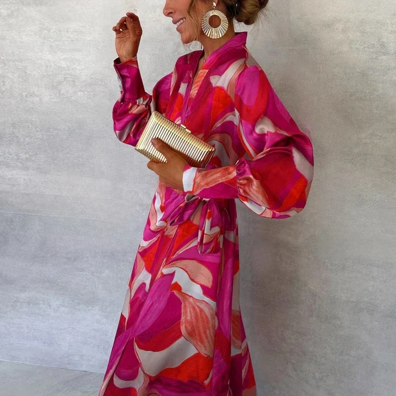 Chic Fashion Pattern Printed Lace Up Commuting Dress Ladies Elegant V Neck Long Sleeved Split Dress Casual Party Irregular Maxi