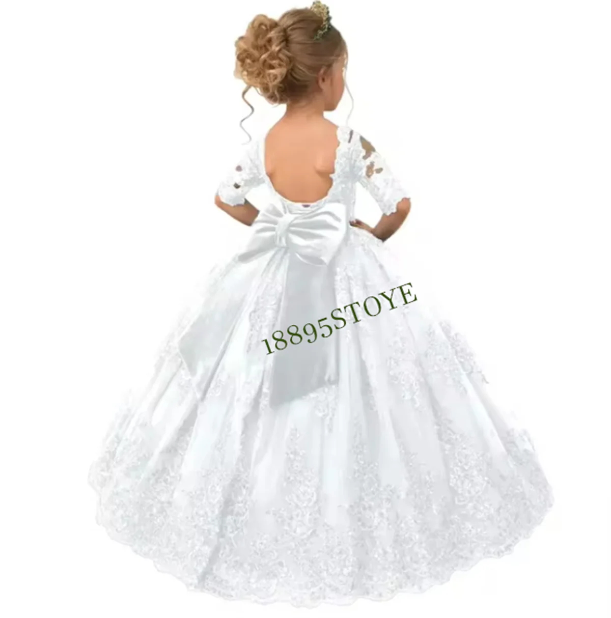 CustomizedElegant Lace Flower Girl Dress Tulle Half Sleeve Sequin Bow Baby Girl Princess Wedding Kids Birthday Gift Party First