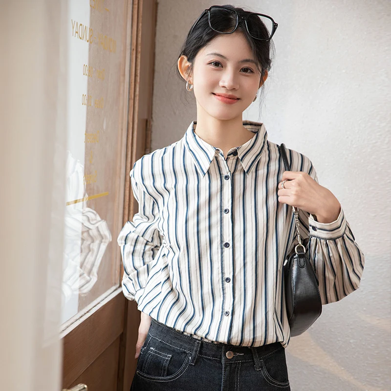 

2025 Большие размеры, женская модная полосатая рубашка с длинным рукавом, весенне-осенняя хлопковая блузка