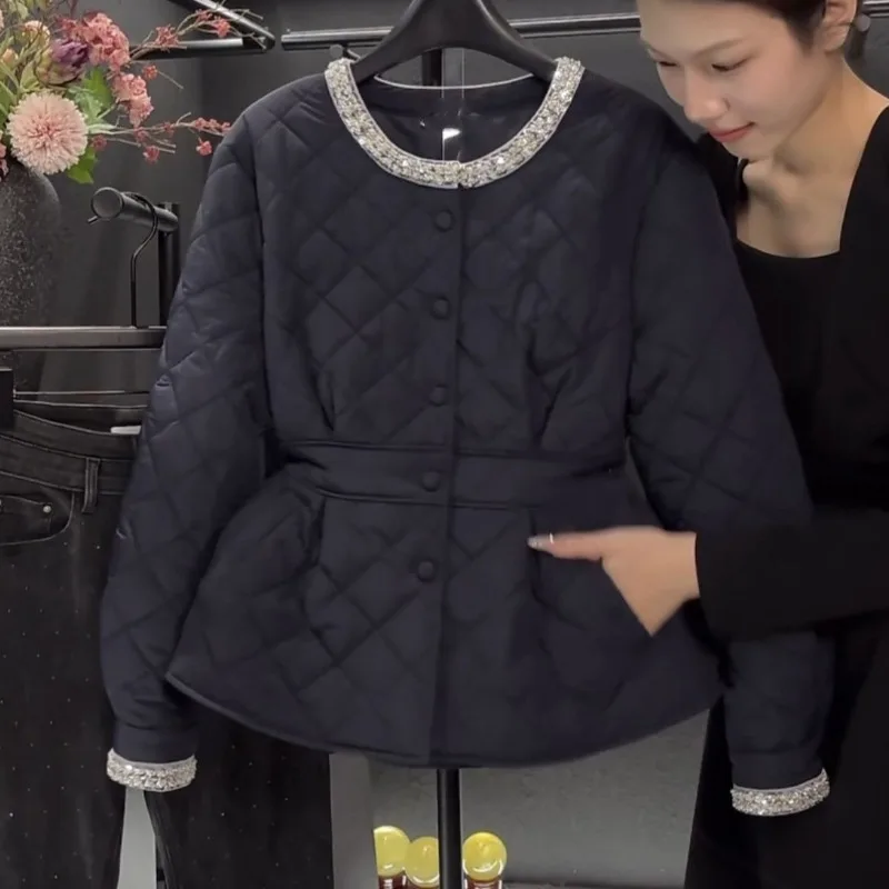 Women's clothing Winter New arrivals Patchwork Sequins Round neck Cotton coat Charming Diamond pattern Fitted waist Slimming