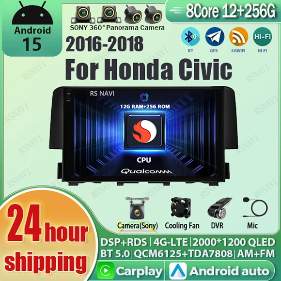 

Android 15 Carplay Auto Car Radio Multimedia Player For Honda Civic 10 FC FK 2015-2020 Audio Autoradio GPS Stereo 2din Head Unit