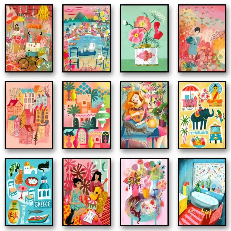 Boho Fashion Girl Drawings Illustration Animals Flowers Wall Art Canvas Painting Poster And Prints Pictures For Home Decor