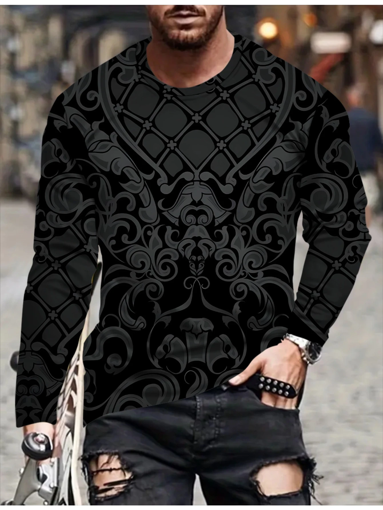 Men's Vintage Swirl Print Long Sleeve T-Shirt - Luxury Baroque Floral Crewneck Tee, Casual Streetwear Top for Daily Wear