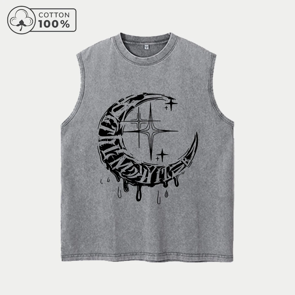 Men's Retro Washed Vest With Unique Star And Moon Print Pure Cotton Casual Sleeveless T-Shirt Distressed Street Style Top
