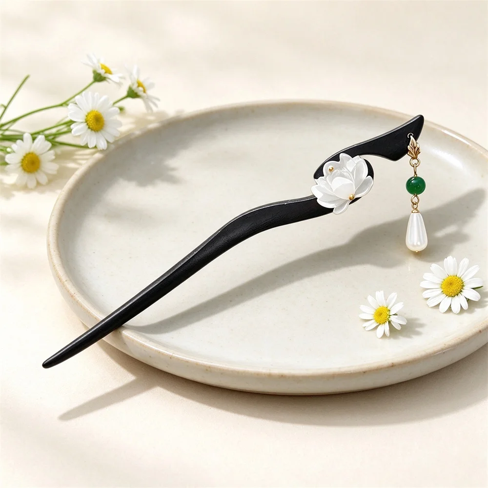 1PC Elegant Lotus Wood Hair Stick with Tassel, Traditional Chinese Hair Accessory, Charming Hairpin for Women's Updos