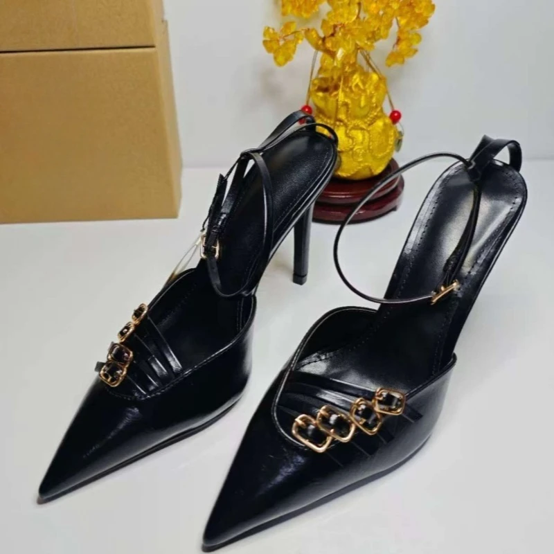 

Luxury Brand Women High Heels Shoes Elegant Pointed Toe Narrow Belt Buckle Design Office Stiletto Ankle Strap Ladies Party Pumps