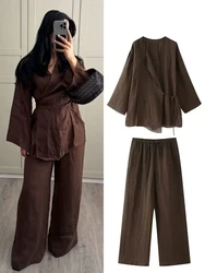 Lace Up Pajama Pants Sets for Women 2 Pieces Shirts Top Loungewear Women Loose Home Suit 2 Piece Set Sexy Sleepwear Women Outfit