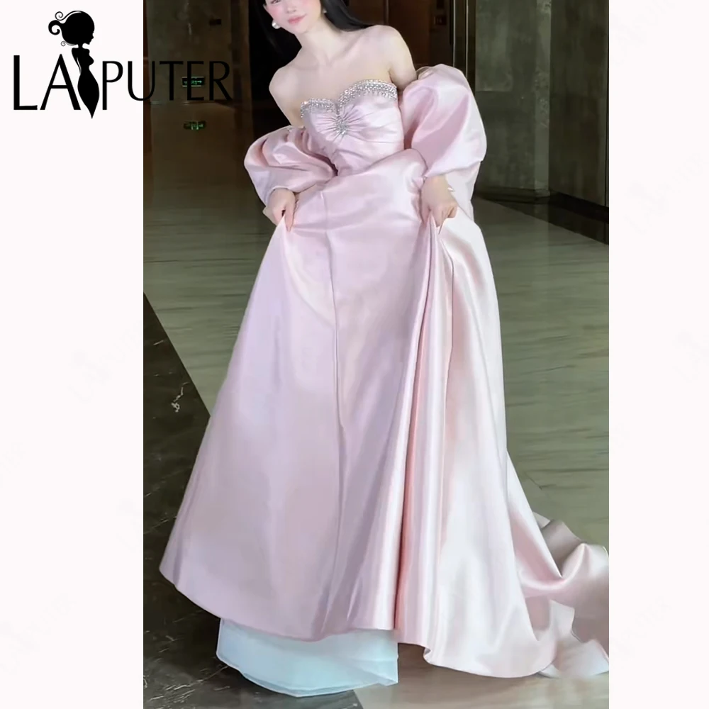 

Pink A line Prom Dresses Lantern Sleeves Off Shoulder Evening Gown Crystal Neck Box Pleat Puffy Girl Pink Formal Dress