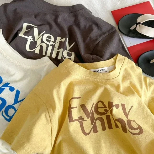 Summer children's crew-neck T-shirt, fashionable 100% pure cotton cute letter-print loose top for boys and girls