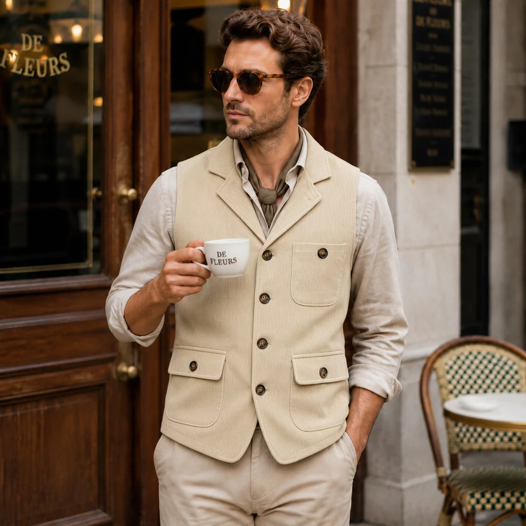 Herren Vintage Cord-Anzugweste mit Revers, Verstellbarem Rückengurt, Ärmellos, Business-Casual-Gilet mit Mehreren Taschen – Detail 19