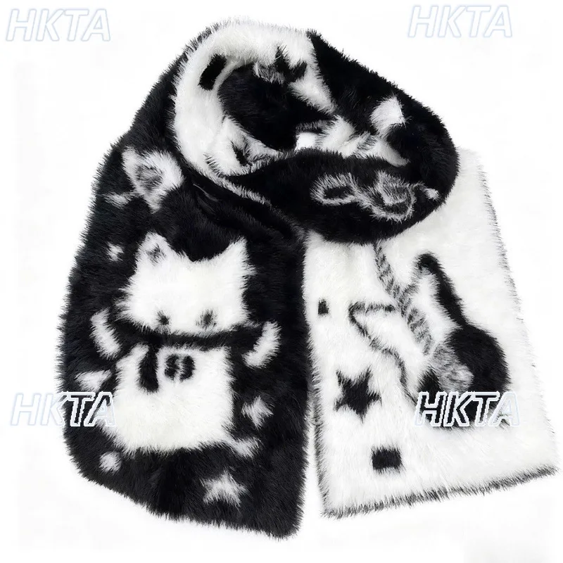 Syal Bulu Imitasi Dua Sisi Motif Gitar Musik Kucing Kartun Lucu Hitam Putih Gaya Gotik Y2K untuk Wanita, Syal Leher Hangat Serbaguna Musim Dingin Terbaru