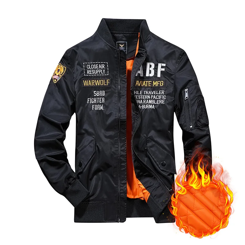 

Men's Fleece Lined MA1 Pilot Bomber Jacket, Embroidered Baseball Coat Winter Warm Workwear