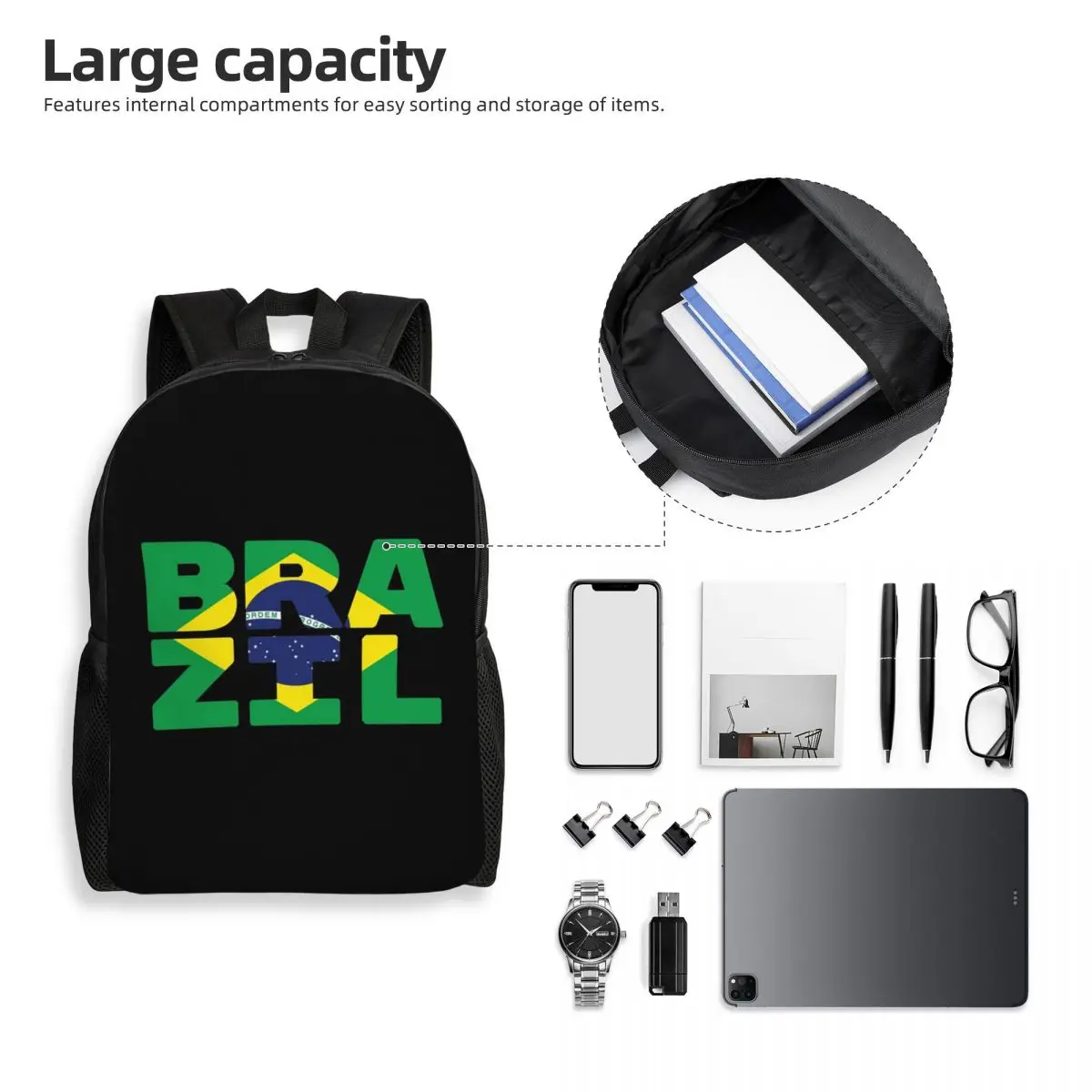 Brazil Flag Text Backpack Student Boys Girls BookBag School Bag Laptop Shoulder Bags