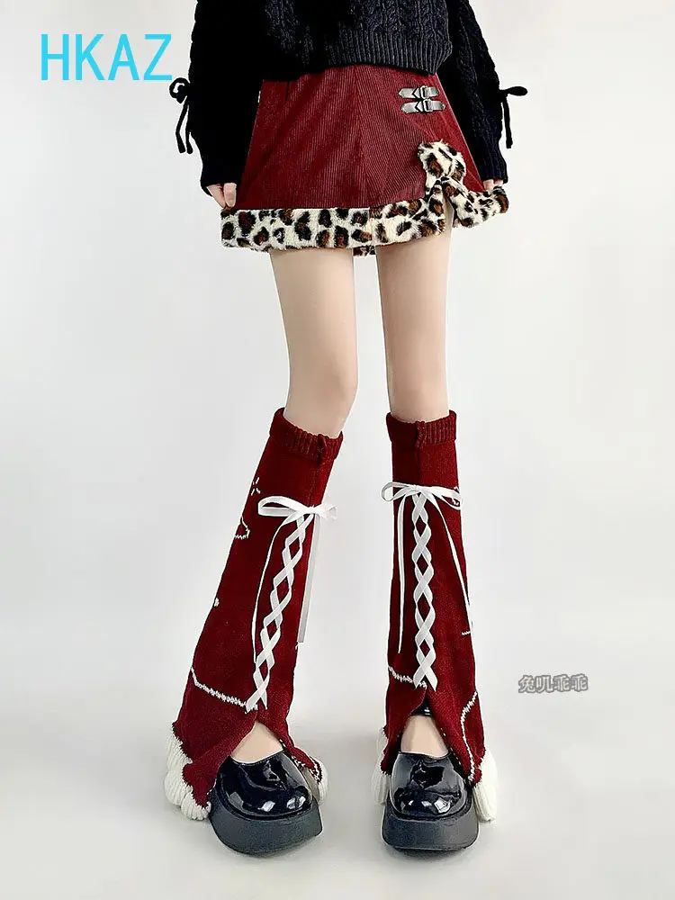 New Year's Christmas Red Leg Cover Female Sweet Bow Straps Stacked Socks Lolita Knitted Leg Warmers Medium Tube Calf Socks