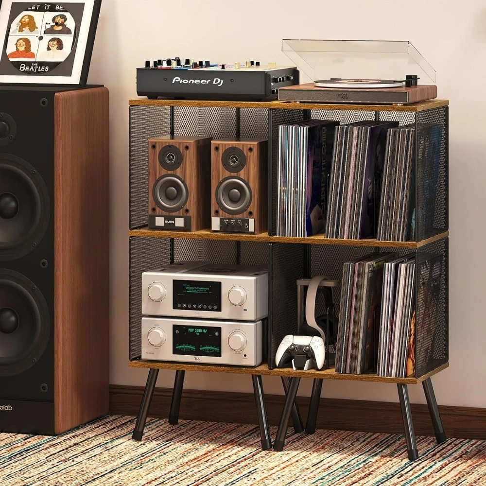 2 Tier Vinyl Record Storage Shelf, Rustic Wood Crate with Adjustable Dividers for Classical Music LP Collection, Home Organizer view 2
