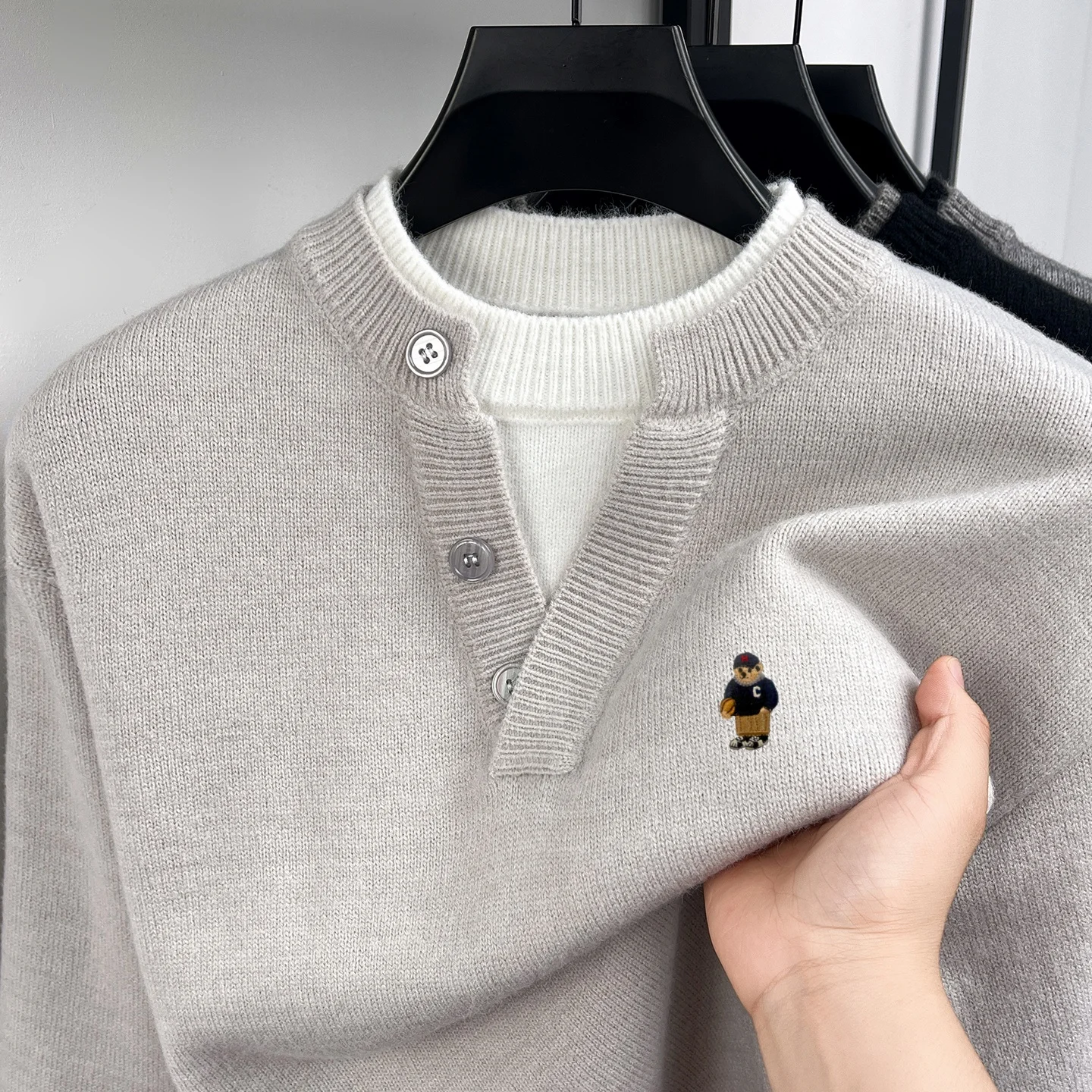 Hochwertige Marke Splice Rundhalstop Oberteile Männer Komfort Stricken Mode Bären Stickerei Herbst Winter Neuauflage Freizeitsweater – Detail 6
